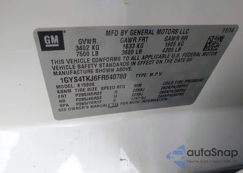 2015 Cadillac Escalade Esv Premium from USA, damaged, VIN 1GYS4TKJ6FR540780